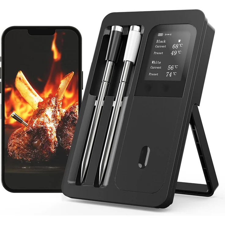 TUWENA Bratenthermometer, intelligentes Fleischthermometer mit kabelloser Sonde, LCD-HD-Display, Bluetooth-App, 160 m Reichweite, 2-tlg.