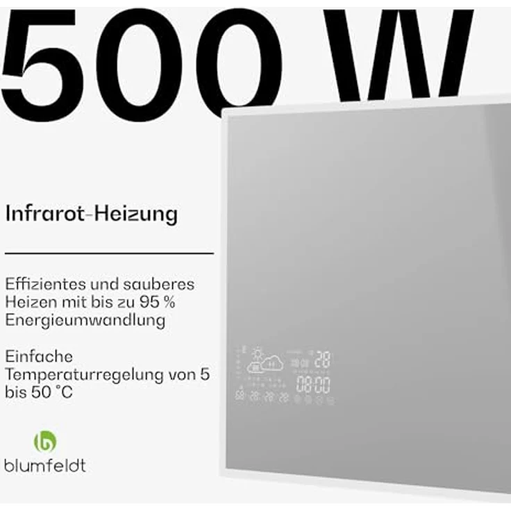 Blumfeldt Infrared Heater Smart Mirror, Infrarotheizung mit 500 W, App Steuerung, IP44, schwarz – Bild 2