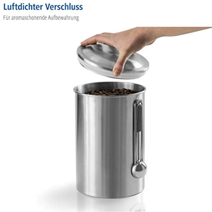 Xavax Kaffeedose mit Dosierlöffel (luftdichte Aromadose für 1kg Kaffeebohnen, Kaffeebehälter aus Edelstahl, Vorratsdose zur Aufbewahrung von Bohnen) silber – Bild 3