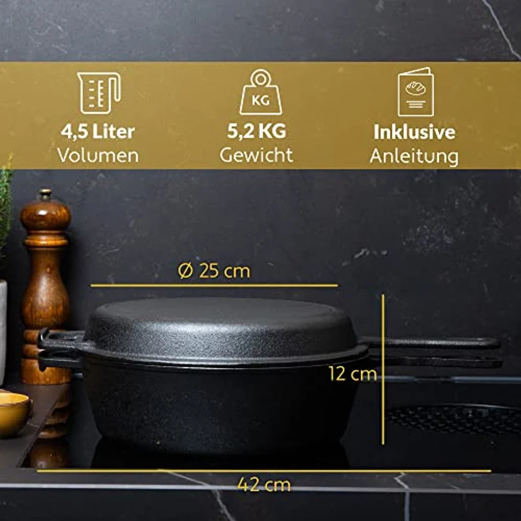 Chefarone® Gusseisen Topf mit Griff 2IN1 - Brotbackform mit Deckel 3L - Bräter mit Deckel Backofengeeignet - Gusseisen Topf Brot Backen zu Hause - Brottopf zum Backen - Cast Iron Pan – Bild 4