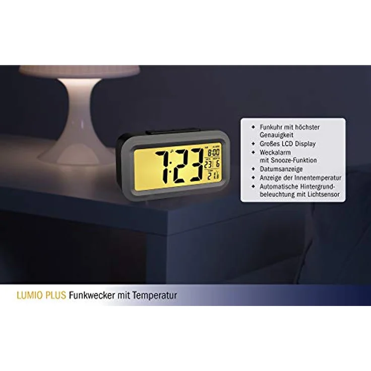 TFA Dostmann Lumio Digitaler Funk Wecker, 60.2553.01, mit Funkuhr, Temperaturanzeige, automatische Hintergrundbeleuchtung, Datumsanzeige, Schlummerfunktion, großes Display, 13,8cm lang, schwarz-silber – Bild 5