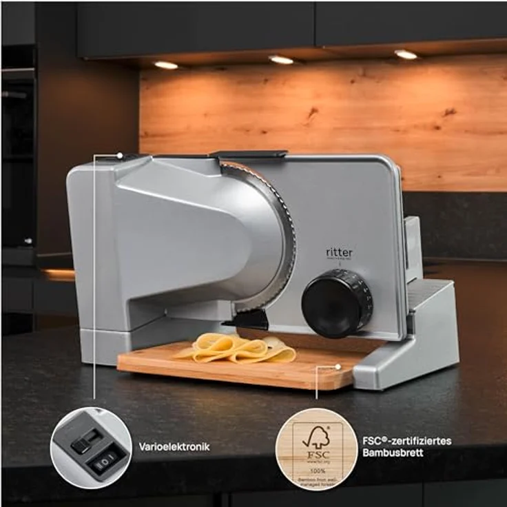 Ritter Allesschneider Serano 8 inkl. Bambusbrett, 130-Watt-Motor und Edelstahlmesser mit Wellenschliff – Bild 4