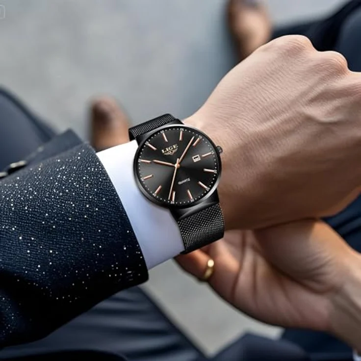 LIGE Ultra Dünne Herren Armbanduhr, analoge Quarzuhr mit Roségoldzeigern und Kalender, Edelstahl-Gitterarmband, 3ATM wasserdicht, für Business und Freizeit – Bild 5