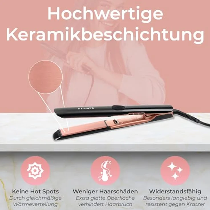 KLAMER Glätteisen 2 in 1, Haarglätter mit Ionen Technologie, Premium Keramik Beschichtung, 20s Schnellaufheizung, LCD-Display, rosé – Bild 2