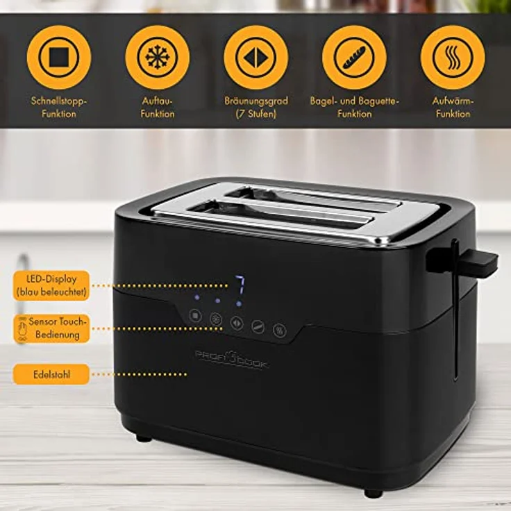 ProfiCook Toaster 2 Scheiben mit Brötchen Aufsatz und extra breitem Toast-Schlitz, Auftaufunktion, 7 einstellbare Bräunungsstufen Edelstahl gleichmäßige Toaster schwarz matt, PC-TA 1244 – Bild 5