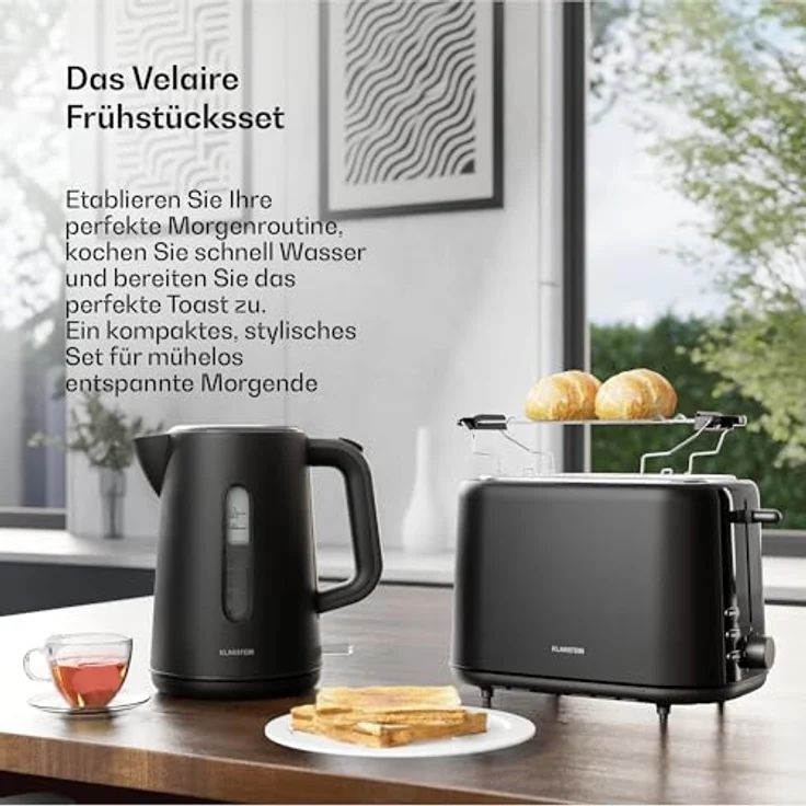 Klarstein Velaire Toaster Wasserkocher Set, 2 Scheiben Toaster mit 7 Bräunungsstufen, 1,7L Wasserkocher mit Kalkfilter, Frühstücksset in Silber – Bild 3