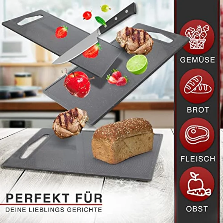 Classbach 3er Schneidebrett-Set Kunststoff, Spülmaschinen geeignet, Küchenschneidebrett mit Saftrinne BPA frei aus Kunststoff, Schneidebrettchen, lebensmittelecht, hellgrau, C-SB 4012 K – Bild 5