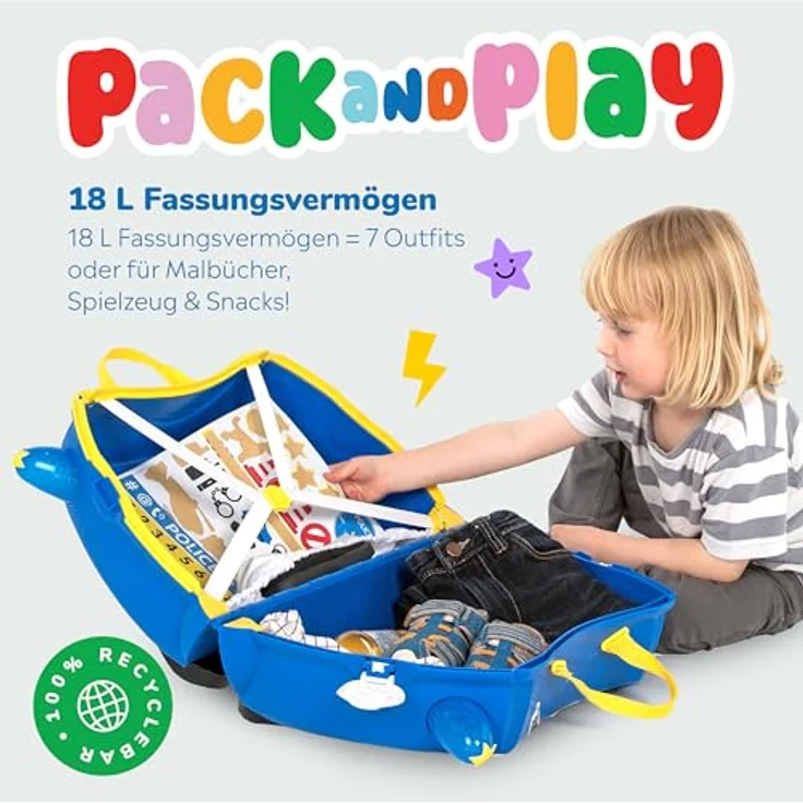 TRUNKI Handgepäck Und Kinderkoffer zum Draufsitzen | Trolley Percy das Polizeiauto (Blau) – Bild 4