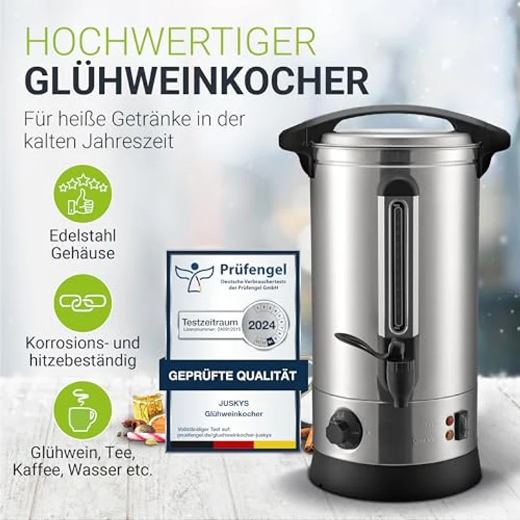 Juskys Heißgetränke- und Glühweinautomat Teramo, 10 Liter, 1500 W, Überhitzungsschutz, Füllstandsanzeige, Silber/Schwarz – Bild 2