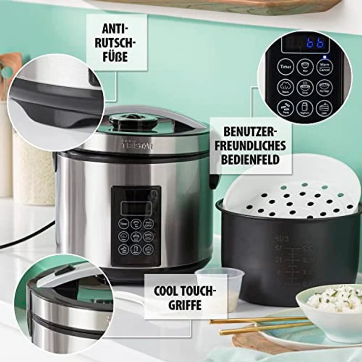 Tristar RK-6138, Reiskocher 2,2 L, 900 W, LCD-Display, Edelstahl – Bild 4
