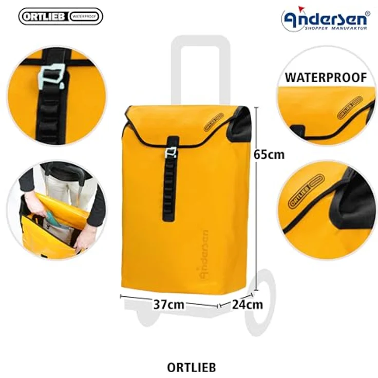 Andersen, Einkaufshilfe, Royal Shopper Ortlieb Einkaufstrolley 65 cm mit Lufträdern, Gelb - Wasserdichtes Material, abnehmbare Alurahmen-Tasche (49l), HängFix-Funktion, extra leicht laufende Lufträder, Gesamtbelastungsgewicht von 50kg – Bild 3