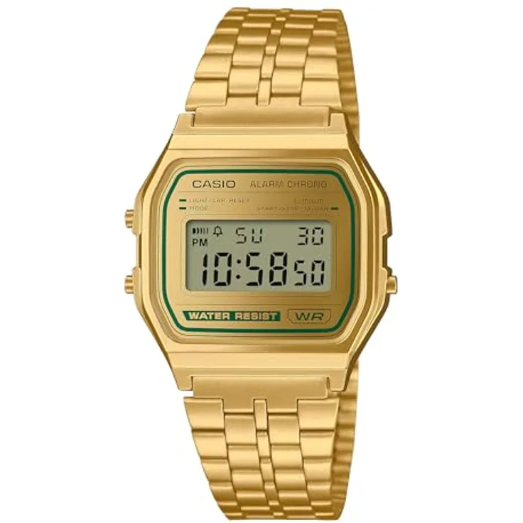 Casio Watch A158WEGV-9AEF, Digitale Armbanduhr mit Kalenderfunktion und Gold Edelstahl Band