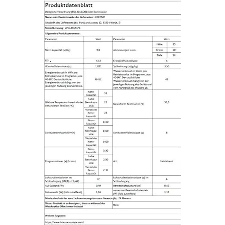 Gorenje W5G494A1P1 Waschmaschine 9kg, 1400 U/min, SteamTech, EasyDosing, ConnectLife Wifi, freistehend, weiß – Bild 13