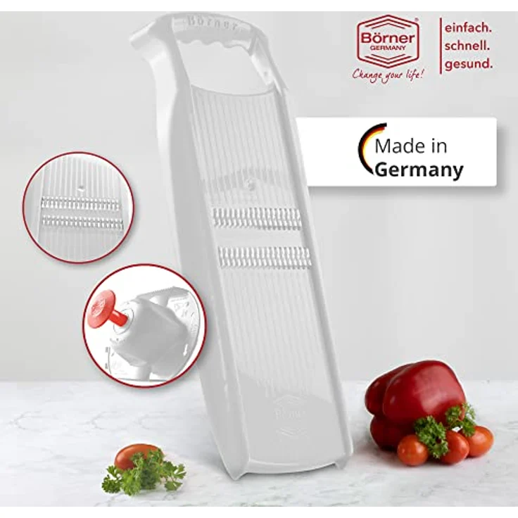 Börner Roko PowerLine Gemüseschneider Set (2-tlg.) • Feiner Streifenschneider für Obst & Gemüse + Fruchthalter • Julienne Schneider • Gemüsehobel • Küchenhobel Set (Weiß) – Bild 2