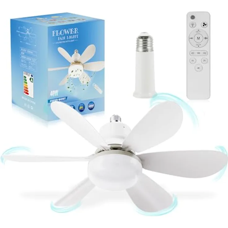 OKYUK Deckenventilator mit Beleuchtung, dimmbare Farbtemperatur, E26/E27-Sockel, 48 cm, fernbedienbar, leise, Weiß