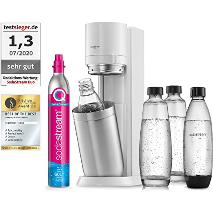 SodaStream Wassersprudler Duo mit CO2-Zylinder, 2X Glasflasche und 2X 1L spülmaschinenfeste Kunststoff-Flasche, Weiß, Höhe: 44 cm – Bild 1