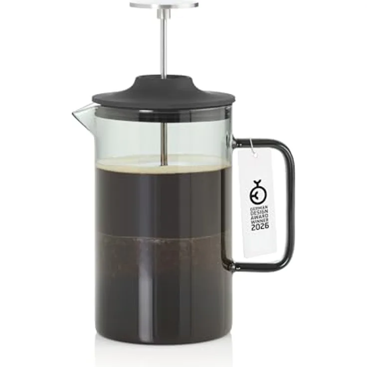 AdHoc French Press Kanne, 0,6l Kaffeekanne aus mundgeblasenem Borosilikatglas mit Edelstahlfilter und SilentSeal-Silikondeckel, grau