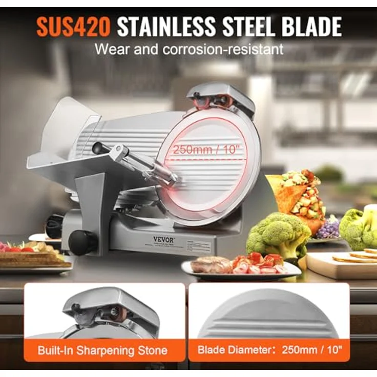 VEVOR Kommerzieller Fleisch Allesschneider 340 W, Elektrische Aufschnittmaschine Lebensmittelschneider mit 25,4 cm-Kohlenstoffstahlklinge, 0–15 mm einstellbare Dicke - SUS420-Klinge, Schnelles Schneiden, Leicht zu reinigen, Stabilität & Sicherheit – Bild 4