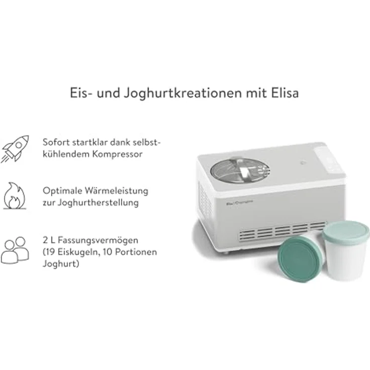 Springlane Eismaschine & Joghurtbereiter mit Kompressor, inkl. Rezeptheft, 2 l, 180 W, Elisa + 2 Aufbewahrungsbehälter Türkis – Bild 2