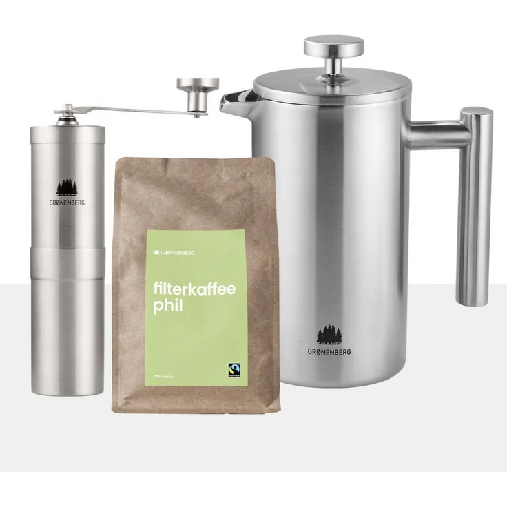 GRØNENBERG French Press Kanne Spar Set 3, Thermo Edelstahl Kaffeebereiter mit 250g Bio Kaffee, manueller Kaffeemühle und Ersatz Filter, 350/600/1000 ml