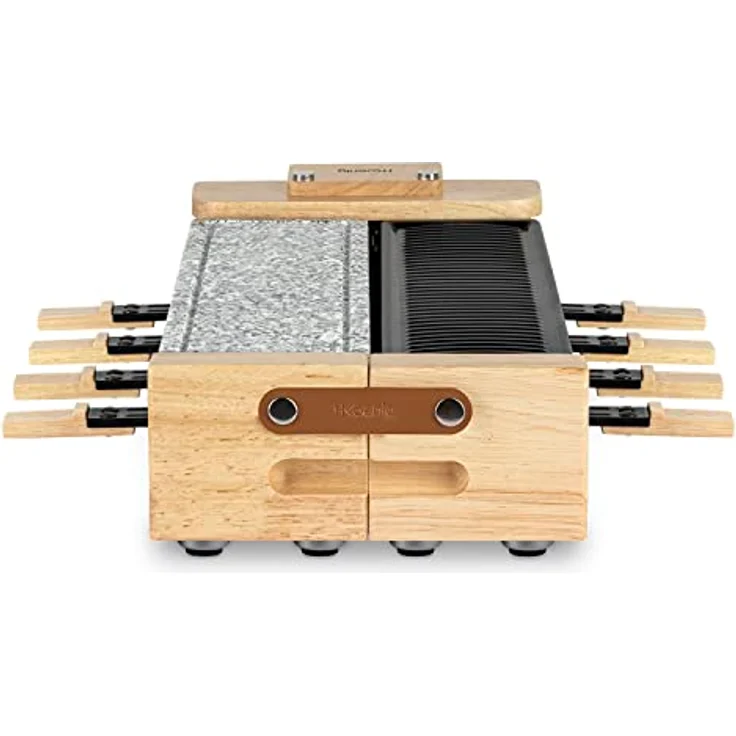 H.Koenig Raclette-Gerät für 8 Personen, WOD360, Granitstein und Naturholz, 180° drehbar, abnehmbare Platten, 1400 W, inkl. 8 Pfannen und 8 Pfannenwender aus Holz – Bild 4