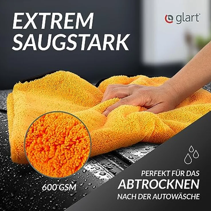 Glart 44WG Auto Trockentuch XXL 90x60 cm – Mikrofaser Poliertuch orange, extrem saugstark, fusselfrei, waschmaschinenfest – Bild 3