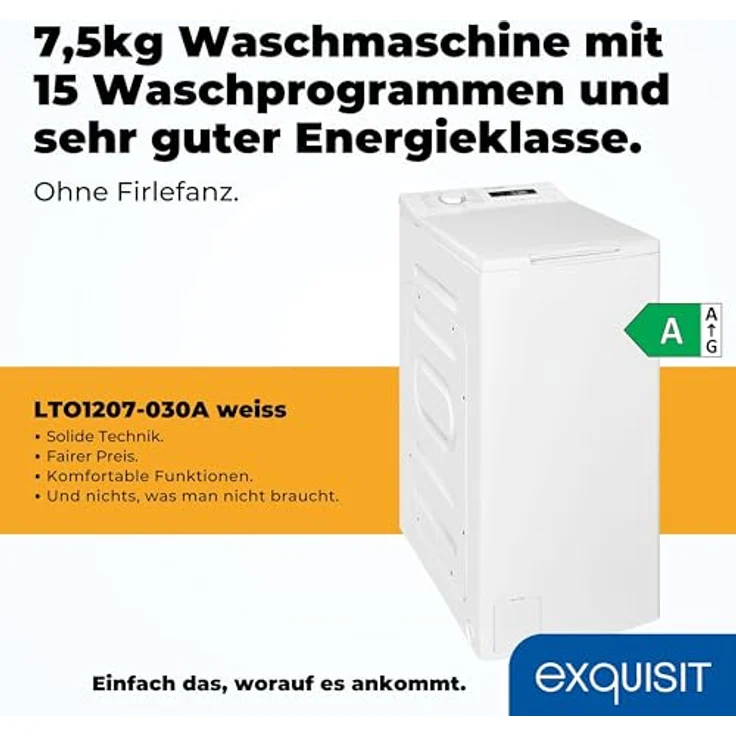 Exquisit LTO1207-030A, Toplader Waschmaschine 7,5 kg, Energieklasse A, 1200 U/Min, weiß, Startzeitvorwahl, Kurzprogramm – Bild 2