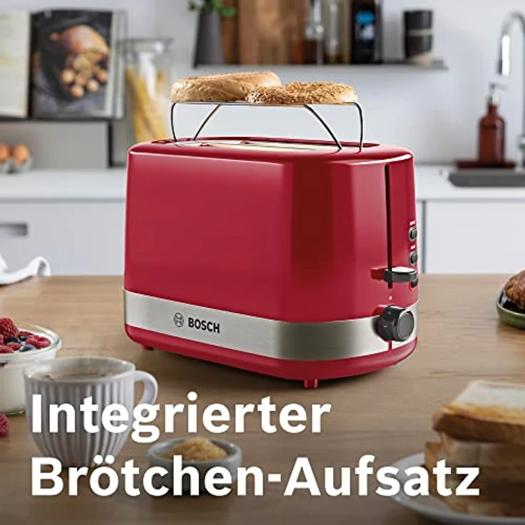 Bosch Kompakt Toaster TAT6A514, integrierter Edelstahl-Brötchenaufsatz, mit Abschaltautomatik, mit Auftaufunktion, perfekt für 2 Scheiben Toast, Liftfunktion, Brotzentrierung, 800 W, Edelstahl/rot – Bild 4