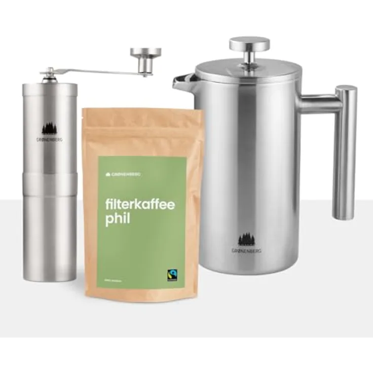 Groenenberg Spar Set 3 | Bio Filter Kaffeebohnen 250g + Thermo French Press + Edelstahl Kaffeemühle, säurearm, zartbitterschokoladiger Geschmack