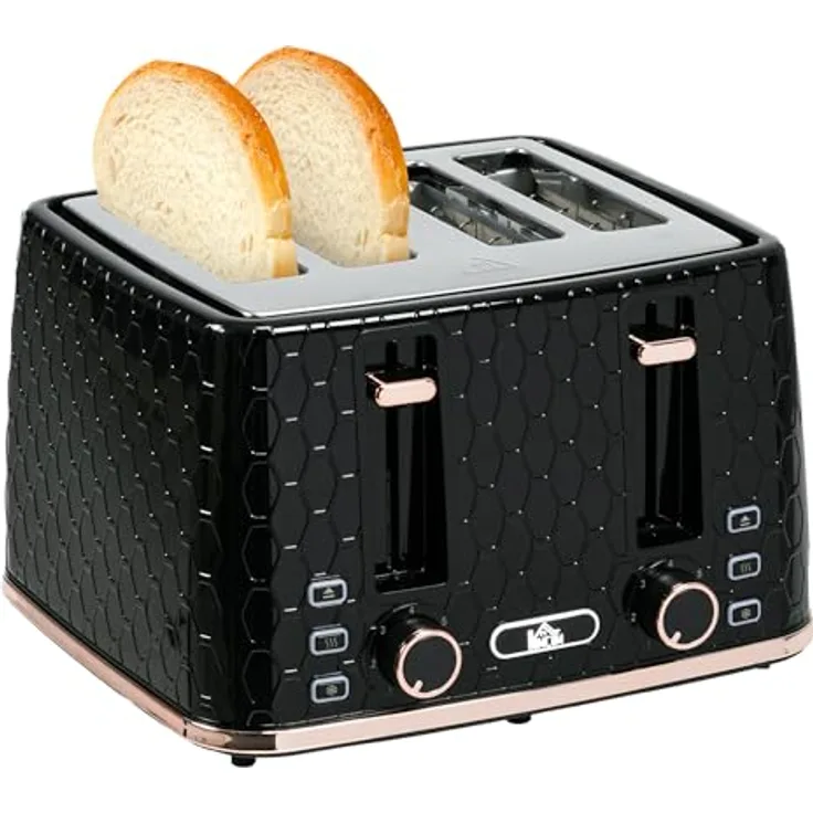 HOMCOM Toaster 4 Scheiben, Schwarz mit 7 Bräunungsstufen, Auftaufunktion und Aufwärmfunktion