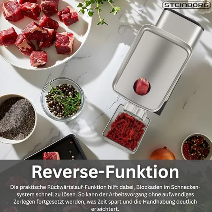 STEINBORG Fleischwolf SB-7080, elektrischer Fleischwolf mit 2000W Leistung, Edelstahl-Komponenten, 2 Geschwindigkeitsstufen, Zubehör inklusive Wurst- und Kebbe-Aufsatz – Bild 4