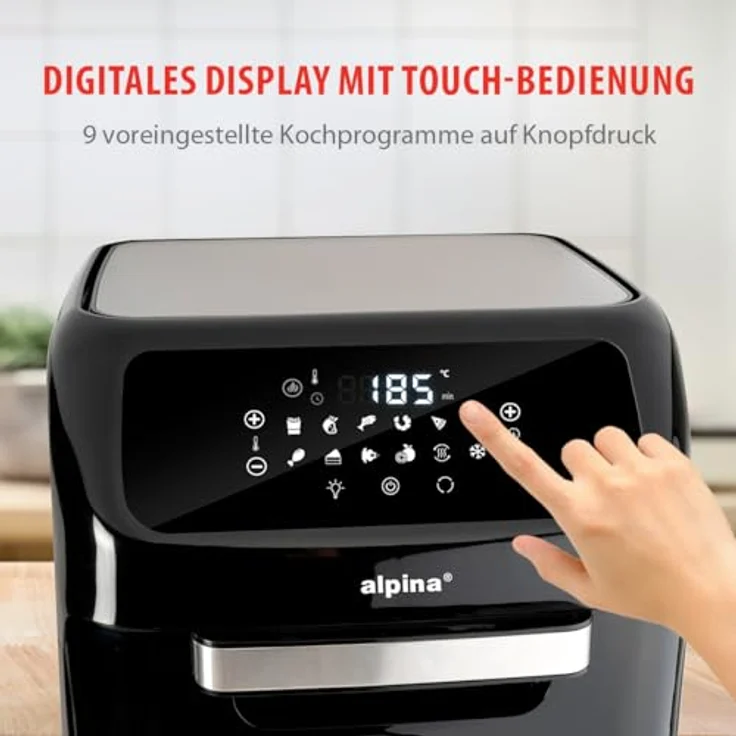 alpina Heißluftofen und Heißluftfritteuse - Airfryer - Digitale Zeit- und Temperaturkontrolle - 1800 Watt - 12 Liter - Schwarz – Bild 4