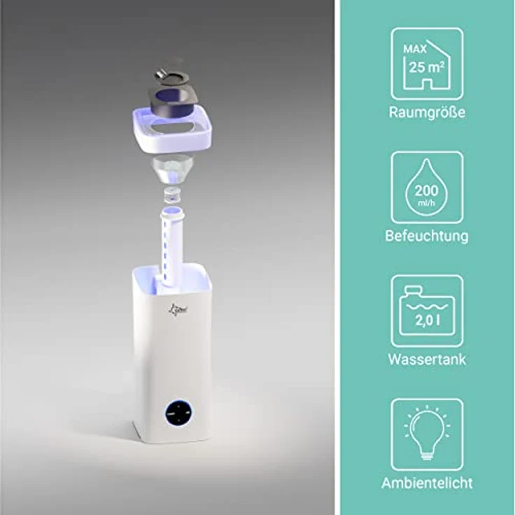 SUNTEC Ultraschall Luftbefeuchter Monsun 2500 moodlight | Aroma Diffuser mit 2 l Wasser Tank | Raumbefeuchter bis ca 25 m2 | Vernebler mit 3 Nebelstufen, Auto Off und LED Beleuchtung | besonders leise – Bild 2