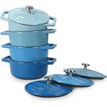 Navaris Mini Cocotte Set - 4x Gusseisen Mini Topf Blau - Ofenfest bis 260°C - Optimale Wärme Distribution - Mini Auflaufform mit Deckel - Kleine Dessert Töpfe