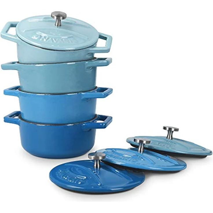 Navaris Mini Cocotte Set - 4x Gusseisen Mini Topf Blau - Ofenfest bis 260°C - Optimale Wärme Distribution - Mini Auflaufform mit Deckel - Kleine Dessert Töpfe – Bild 1