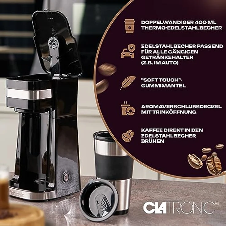Clatronic 1-Tassen-Kaffeeautomat KA 3733, inkl. doppelwandigem Thermo-Edelstahlbecher, Aromaverschlussdeckel mit Trinköffnung, 400 ml Fassungsvermögen, passend für alle gängigen Getränkehalter – Bild 3