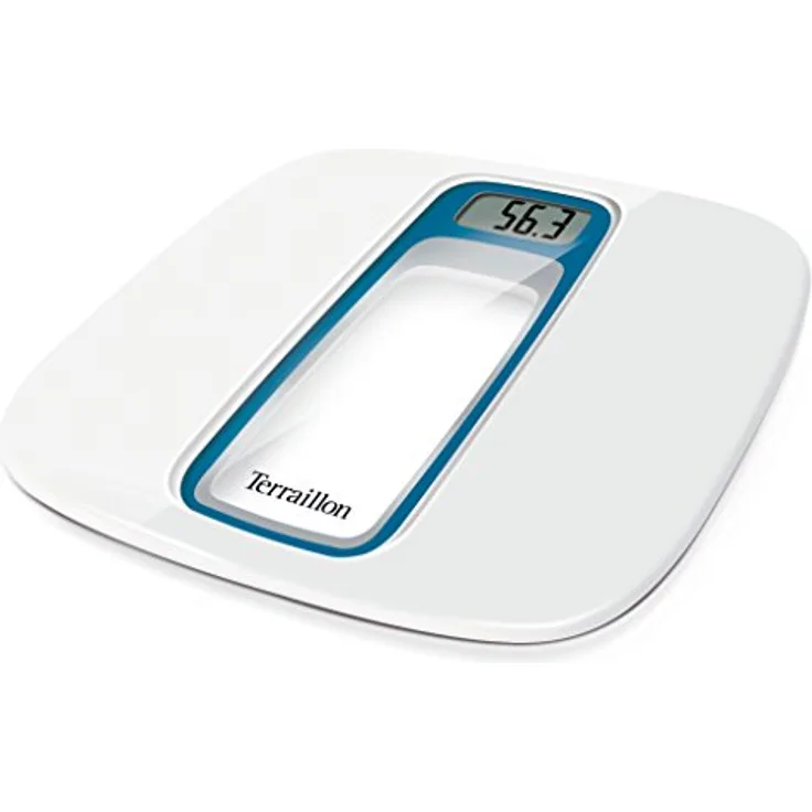 Terraillon Elektronische Personenwaage, automatisches Ein-/Ausschalten, großer LCD-Bildschirm, 160 kg, Fenster, Weiß/Blau