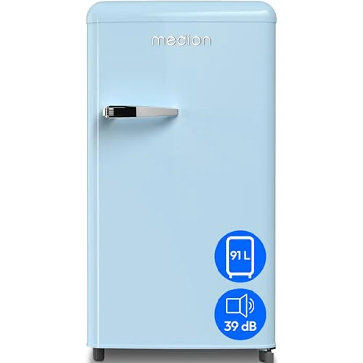 MEDION Retro Kühlschrank MD 37800 (91 Liter, 91cm Höhe, höhenverstellbare Füße, Metall Türgriff) blau – Bild 1