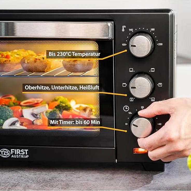 TZS First Austria 20 Liter Minibackofen mit 1380 Watt schwarz | Unter-Oberhitze bis 230 Grad stufenlose Temperaturregelung | 60 Minuten Timer | Doppelglastür | Mini Ofen | Krümelblech – Bild 4