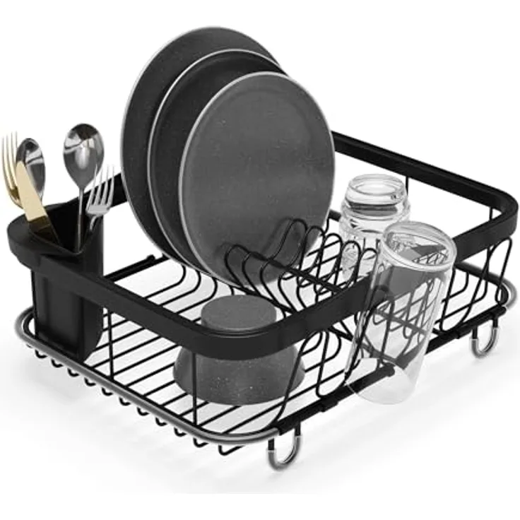 Umbra Sinkin, Multifunktionaler Geschirrständer aus Metall, schwarz, mit herausnehmbarem Besteckhalter und ablauföffnungen, platzsparendes Design, kompatibel mit allen Spülen (36 x 29 x 14 cm)
