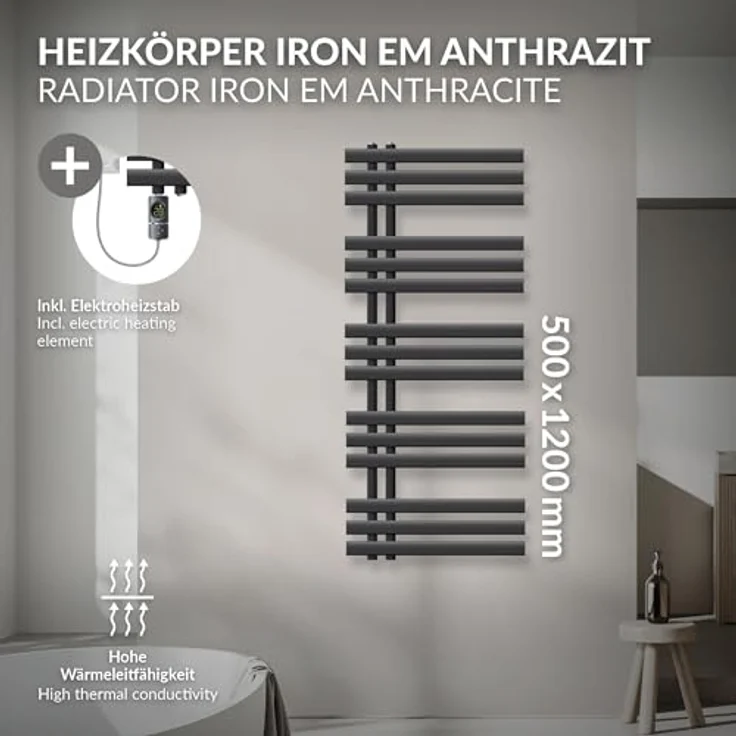 LuxeBath Badheizkörper IronEM 500x1200mm, Anthrazit, mit Heizstab 1200W Digitalthermostat und Handtuchhalterfunktion – Bild 3