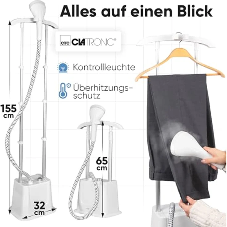 Clatronic TDC 3809 Dampfglätter 1600W Weiß, mit abnehmbarem Wassertank, 3-stufiger Dampfstoß-Einstellung und Teleskopgestänge – Bild 2