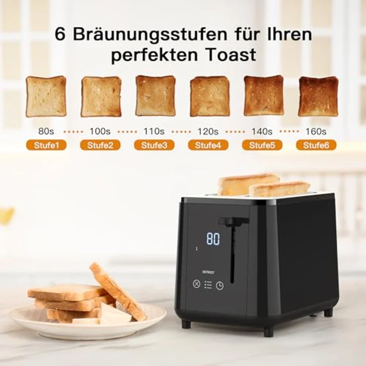aeco toastlab PRO Toaster 2 Scheiben, Edelstahl schwarz, mit LED-Touch, 6 Bräunungsstufen, extra breite Schlitze, Auftau- & Aufwärmfunktion, 920W, Liftfunktion, Krümelfach, Abschaltautomatik – Bild 4