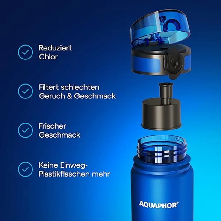 AQUAPHOR City Filterflasche 500ml Blau I Flasche mit Wasserfilter für unterwegs I Filter mit Aktivkohle I Filtert Chlor I Aus Tritan & BPA-frei I Für besseren Geschmack & Geruch des Wassers – Bild 3