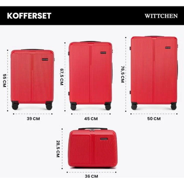 WITTCHEN Stripes Line Kofferset 4-teilig mit Kosmetiktasche, Hartschalenkoffer ABS, 4 Doppelrollen, Teleskopgriff, Zahlenschloss, Rot – Bild 2