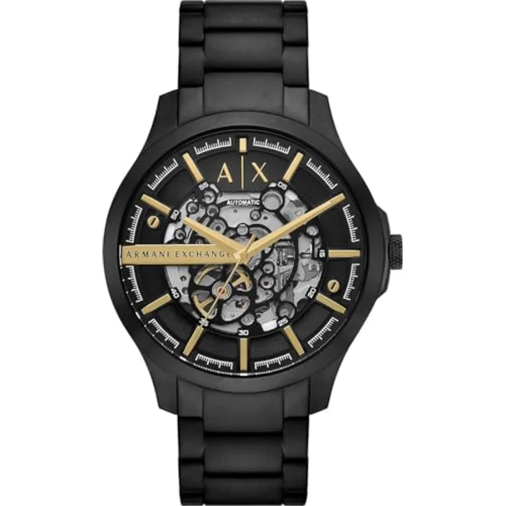 Armani Exchange Watch for Men, Automatic Movement and 46mm Case Size with Stainless Steel, Black Dial and Bracelet, Water Resistant up to 50m