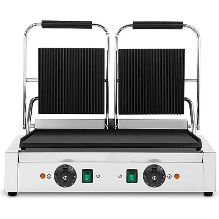 VERTES Kontaktgrill doppelt, Gusseisen Grillplatte oben gerillt/unten flach, 3600 W Gastro Multigrill für Fladenbrot, Fleisch, Gemüse, Sandwich, Edelstahlgehäuse, regelbar 0-300°C, teflonbeschichtet – Bild 5