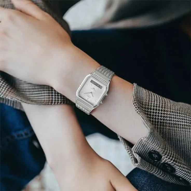Casio Uhr Vintage Edgy Collection AQ-230EM-7A, Armbanduhr mit schmalem Gehäuse und analogen Zeigern, Silber/Blau – Bild 6