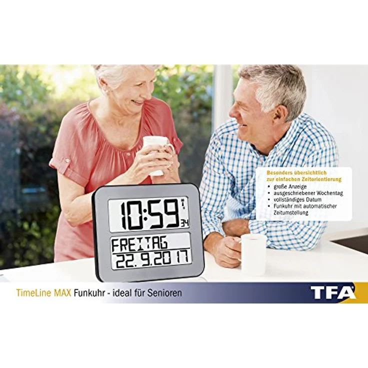 TFA Dostmann TimeLine Max Funkuhr, Wanduhr, digital, mit Wochentag und Weckfunktion, Silber, 60.4512.54,L 258 x B 30 (120) x H 212 mm – Bild 4