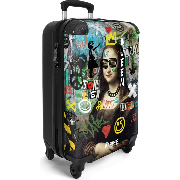 NoBoringSuitcases.com© Hartschalen-Trolley Mona Lisa umgeben von bunten Graffiti 55x35x20cm, 4 Rollen, Handgepäck Koffer mit 36 Liter Stauraum, Leichtgewicht 2,6kg, UV-beständiger Druck, ABS-Material, Polycarbonat Beschichtung, Hochglanzoberfläche, TSA-Zahlenschloss